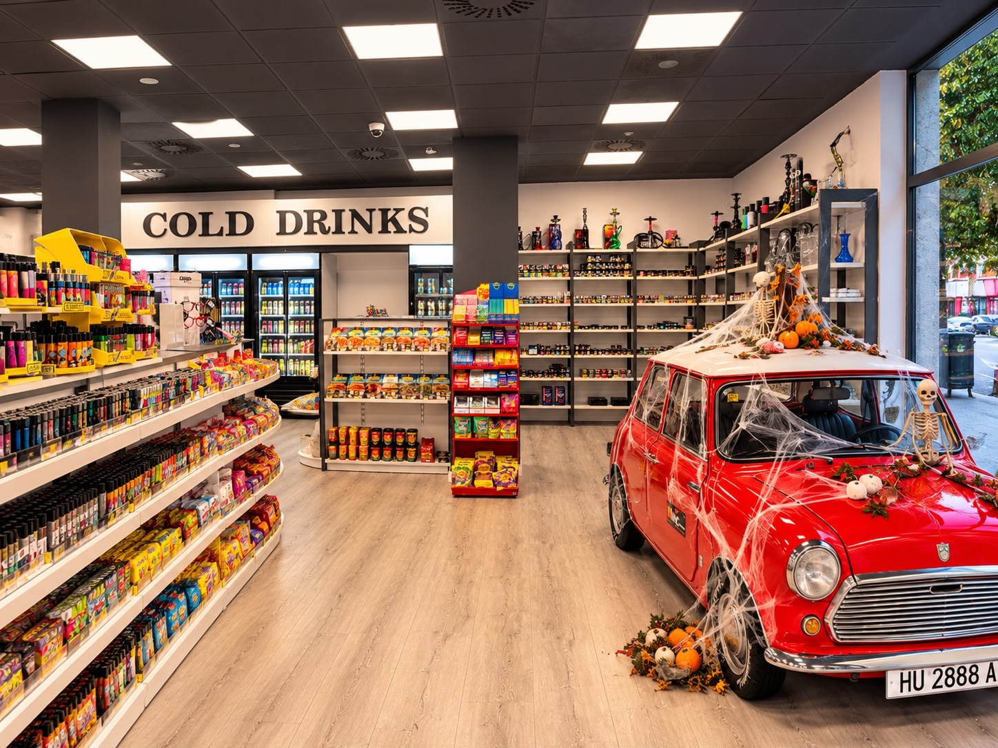 Mini rojo dentro de la tienda, junto a las estanterías de productos.